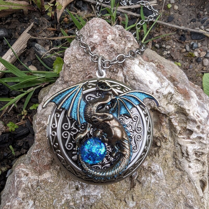 Large Bronze Dragon Locket Necklace with black opal replica, Fantasy jewelry, Gothic jewelry
